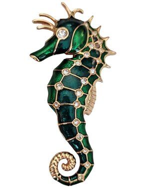 Signed SAL Swarovski Green Enamel Crystal Seahorse Brooch Pin M712